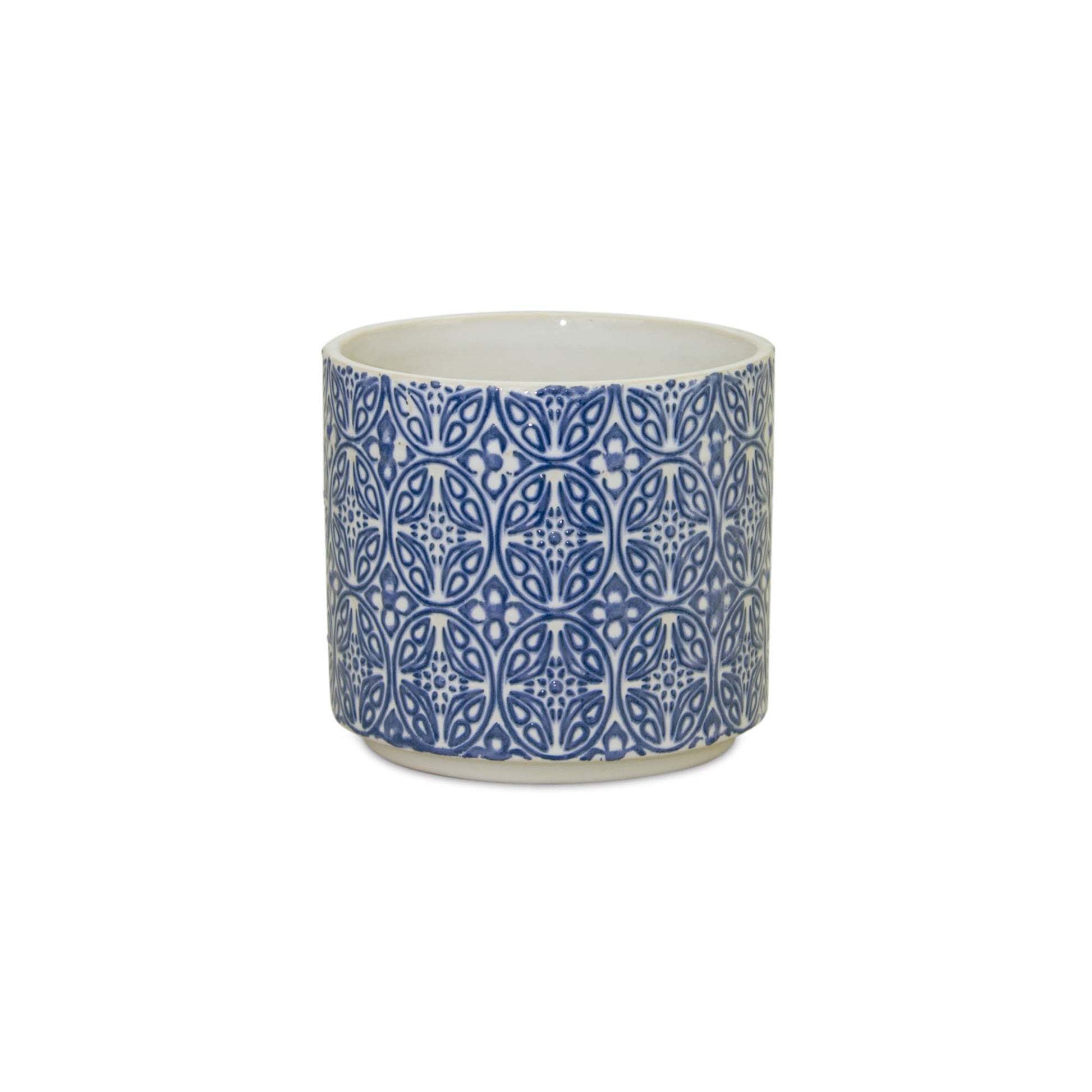 Ceramic pot with blue geometric pattern on a white background