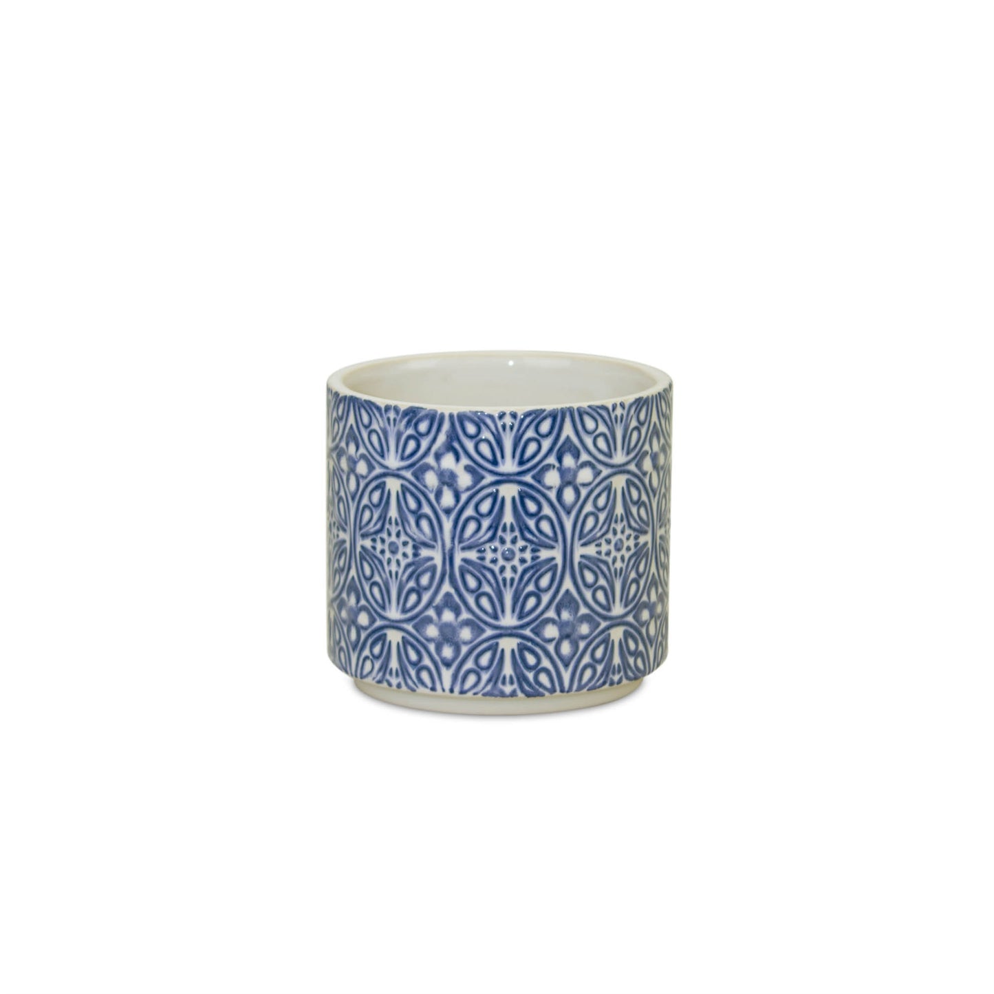 Ceramic pot with blue geometric pattern on a white background
