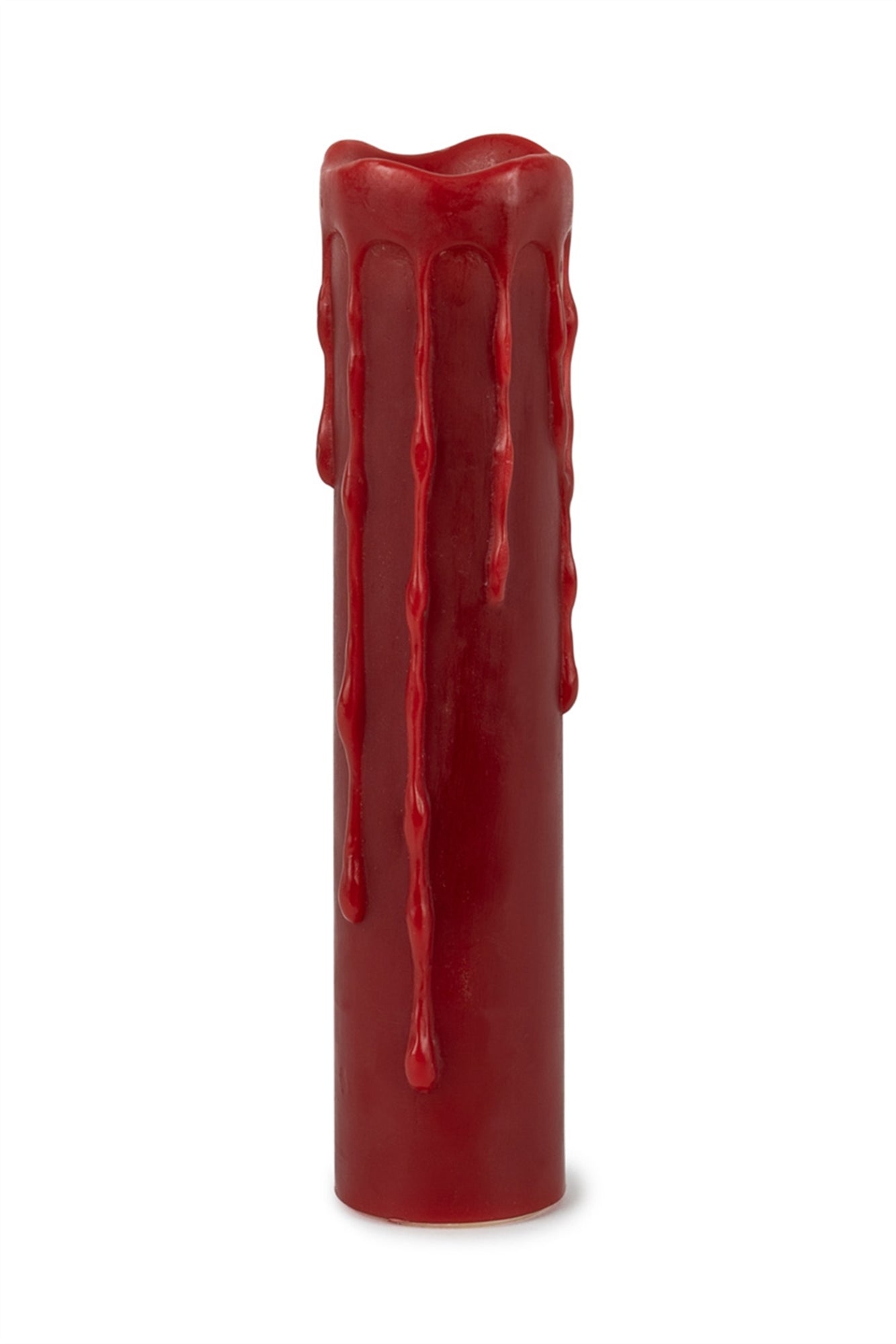 Two red LED dripping wax pillar candles with a realistic wax finish, accompanied by a remote control for easy timer settings.