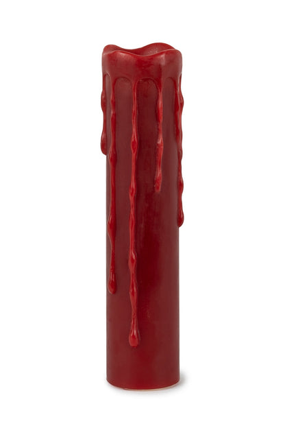 Two red LED dripping wax pillar candles with a realistic wax finish, accompanied by a remote control for easy timer settings.