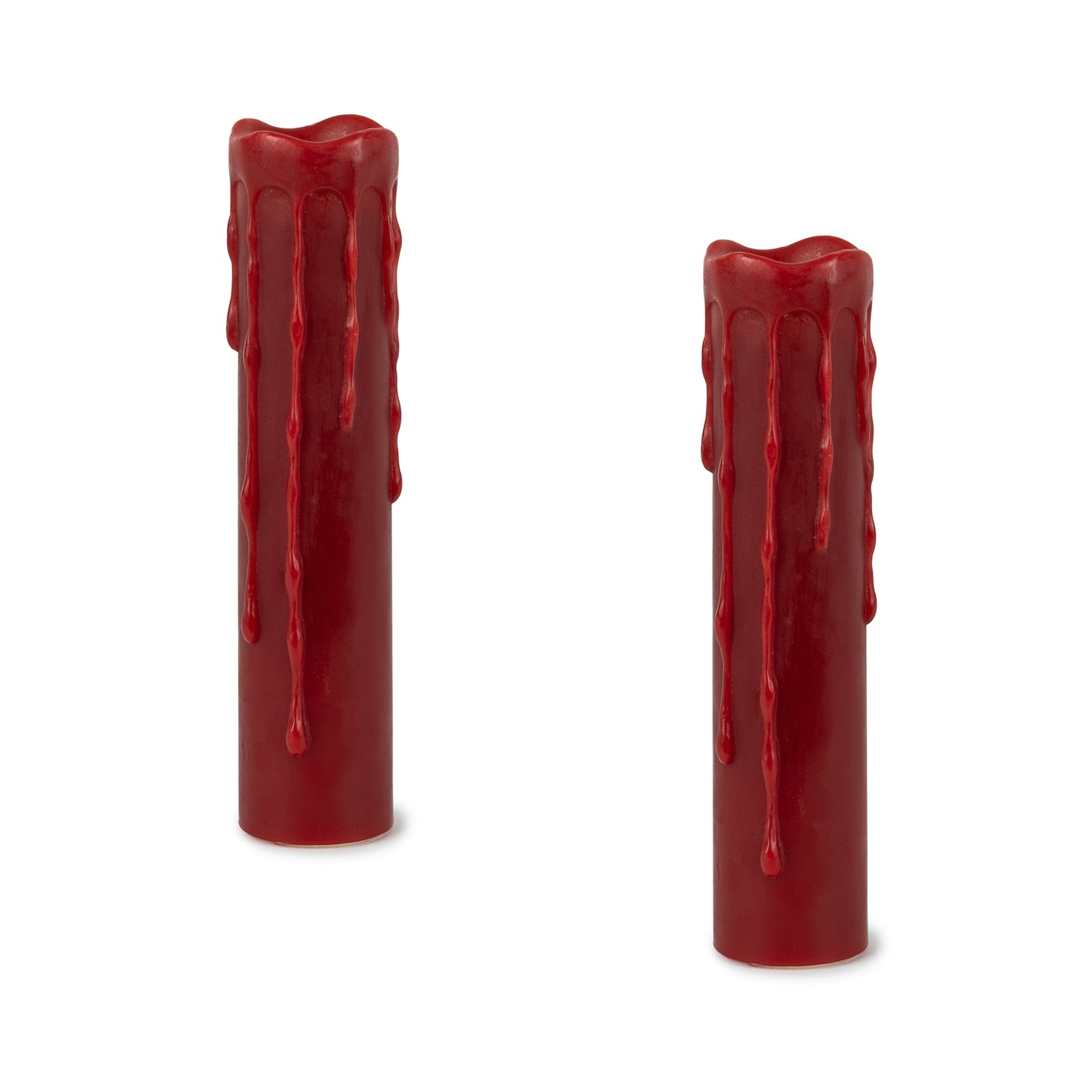 Two red LED dripping wax pillar candles with a realistic wax finish, accompanied by a remote control for easy timer settings.