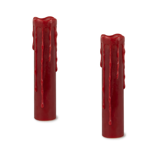 Two red LED dripping wax pillar candles with a realistic wax finish, accompanied by a remote control for easy timer settings.