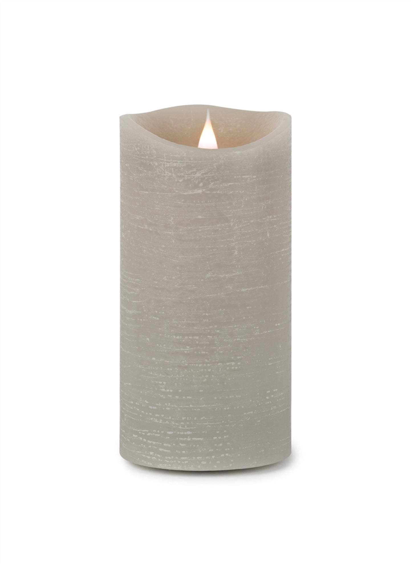 Grey Simplux LED Designer Wax Candle with lifelike moving flame, real wax texture, and remote control on a wooden table.