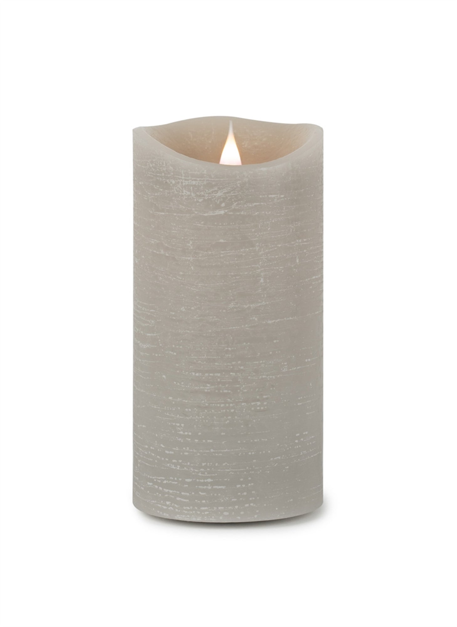 Grey Simplux LED Designer Wax Candle with lifelike moving flame, real wax texture, and remote control on a wooden table.
