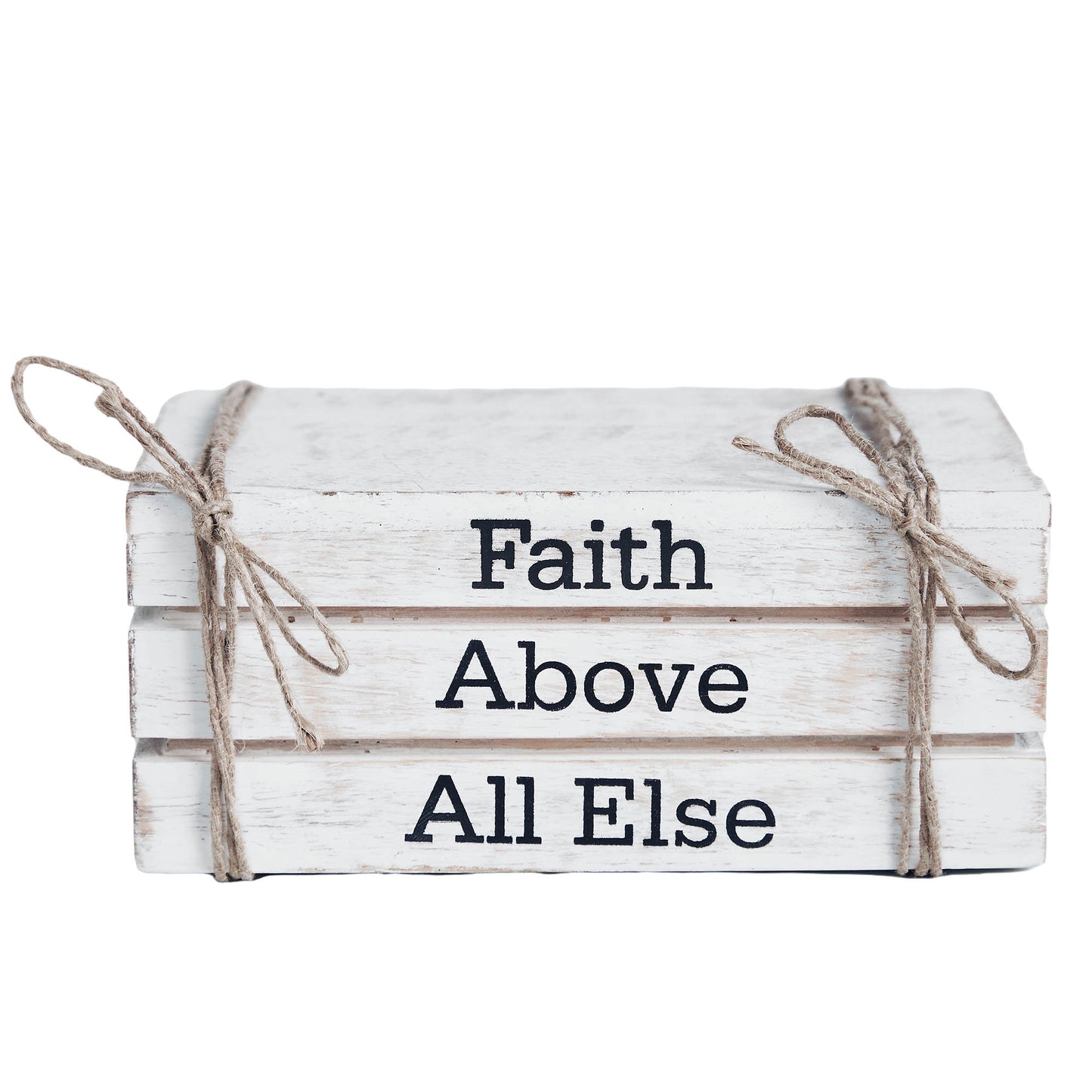 Rustic whitewashed faux book stack with “Faith Above All Else” text, perfect faith-inspired farmhouse decor.