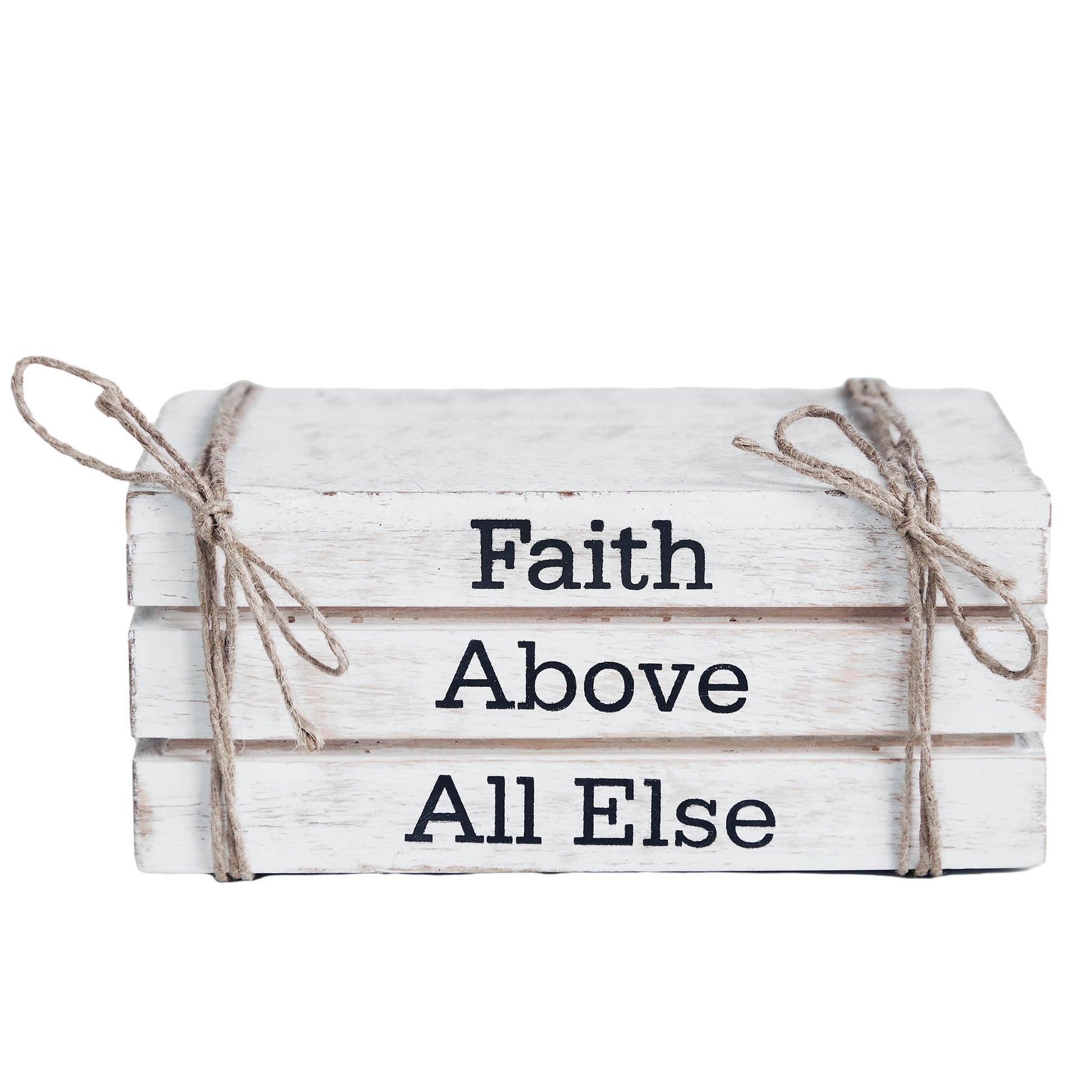 Rustic whitewashed faux book stack with “Faith Above All Else” text, perfect faith-inspired farmhouse decor.