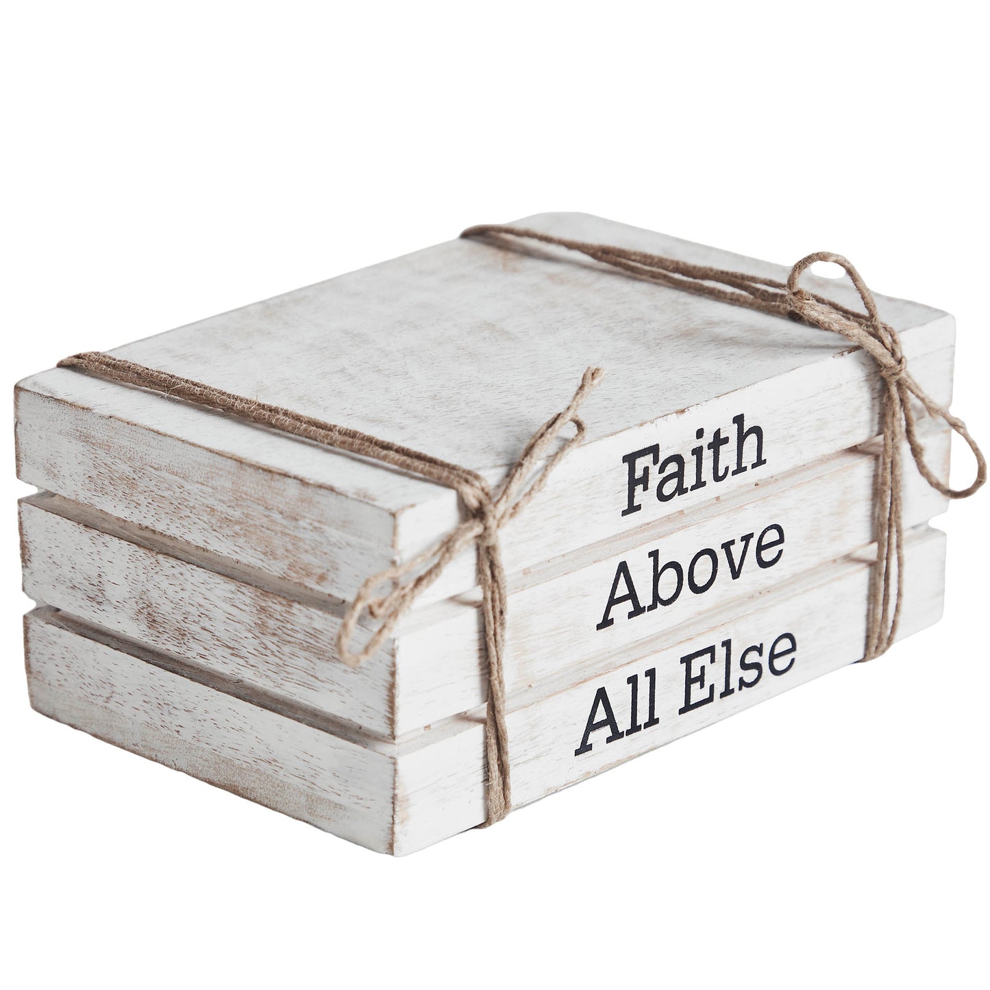 Rustic whitewashed faux book stack with “Faith Above All Else” text, perfect faith-inspired farmhouse decor.
