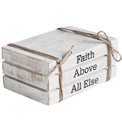 Rustic whitewashed faux book stack with “Faith Above All Else” text, perfect faith-inspired farmhouse decor.