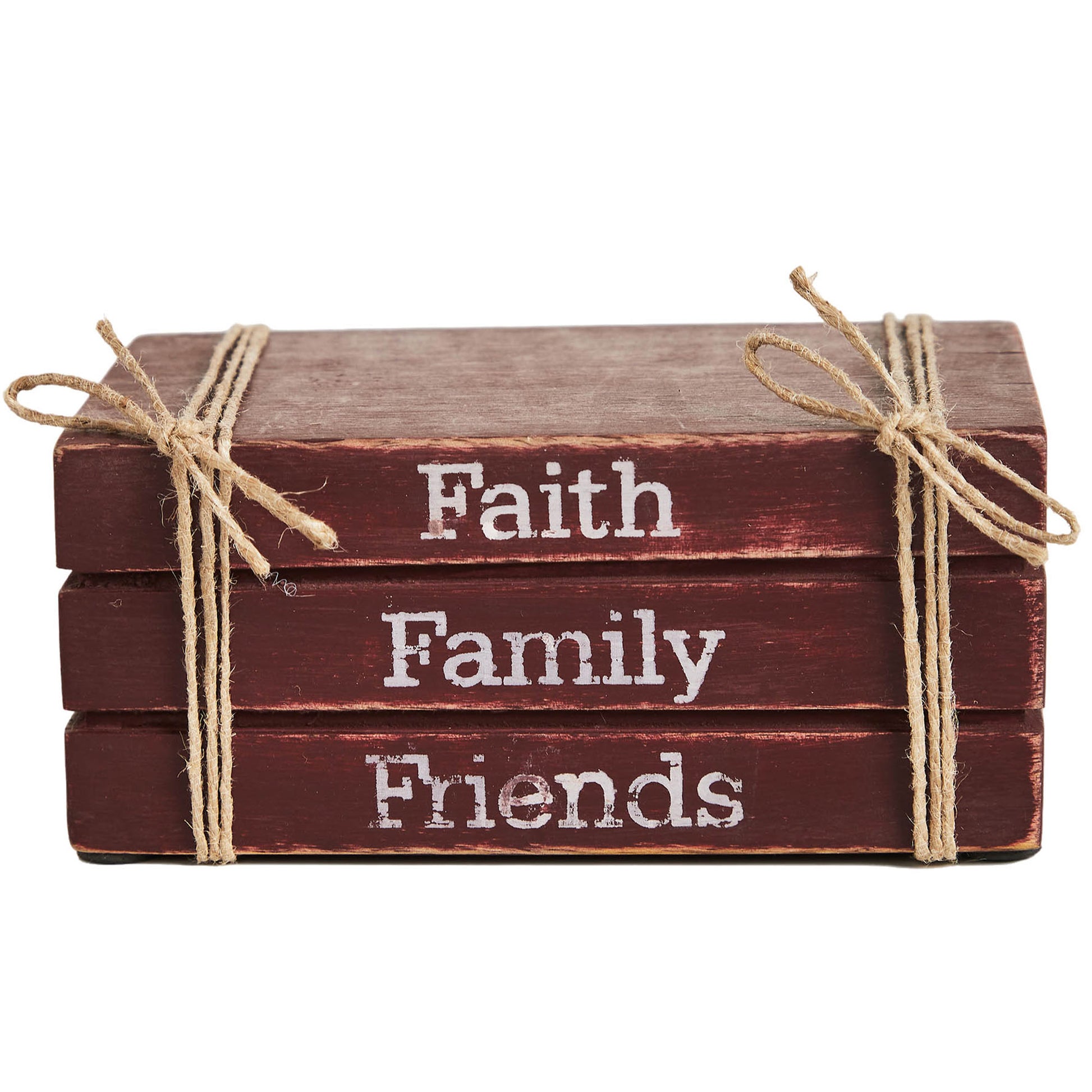 Stack of wooden blocks with 'Faith', 'Family', 'Friends' text on a white background