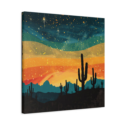 Vintage desert landscape art on matte canvas, featuring Southwest charm, stretched on pine frame with hanging hardware included.