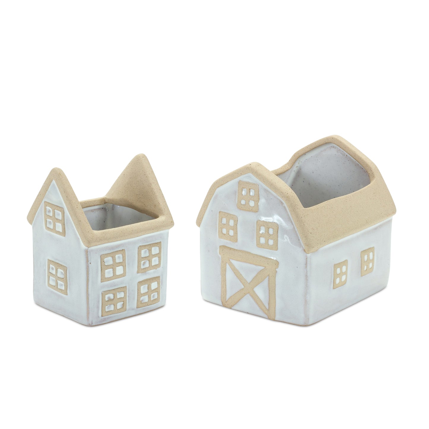 Neutral porcelain house and barn planters in soft beige and white, farmhouse decor for plants or shelf display