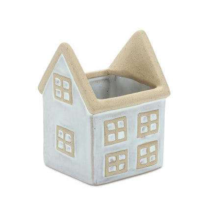 Neutral porcelain house and barn planters in soft beige and white, farmhouse decor for plants or shelf display