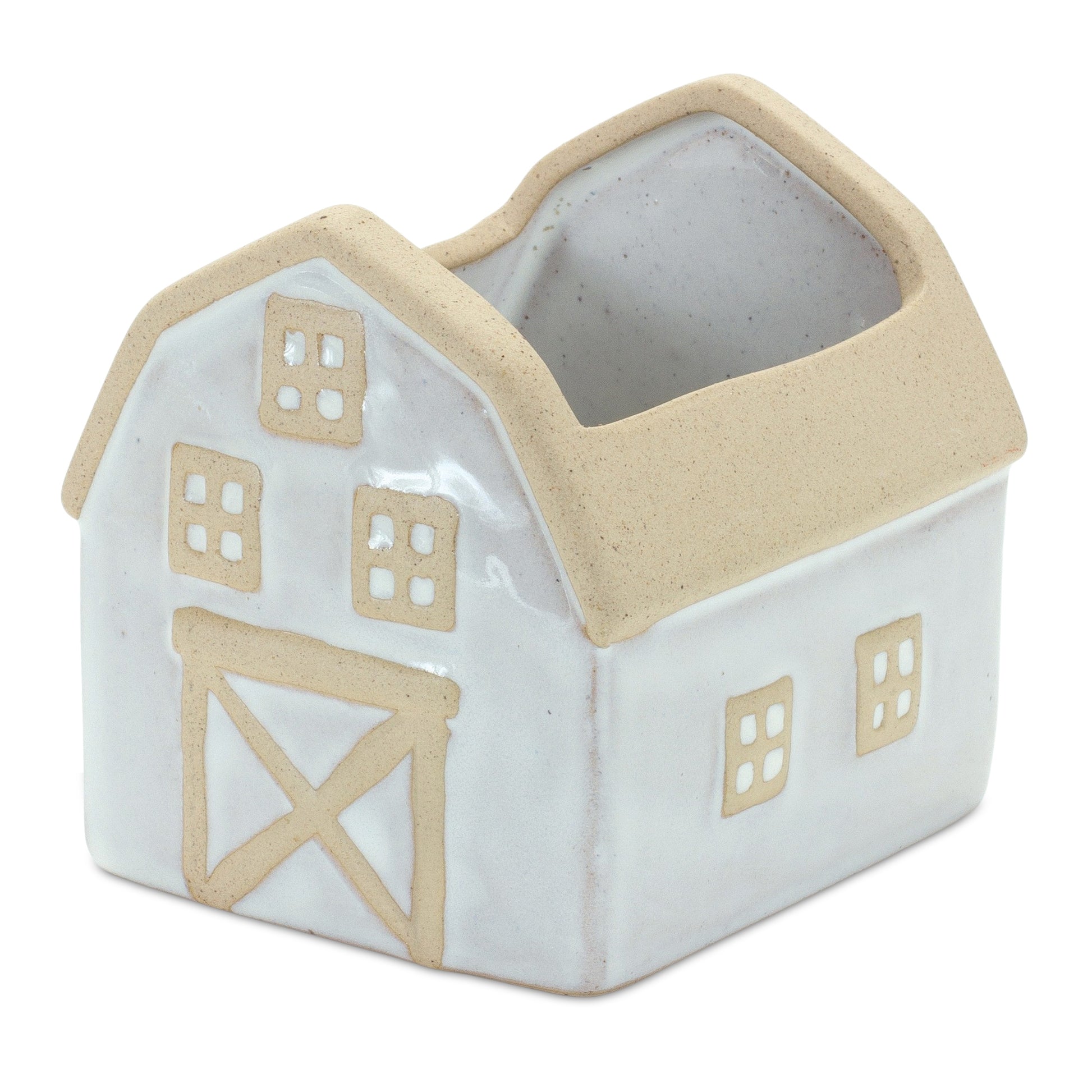 Neutral porcelain house and barn planters in soft beige and white, farmhouse decor for plants or shelf display