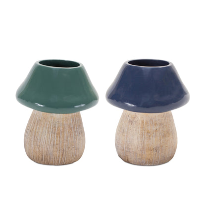 Green and blue mushroom planter set with etched wood-grain stems for succulents and cozy garden decor