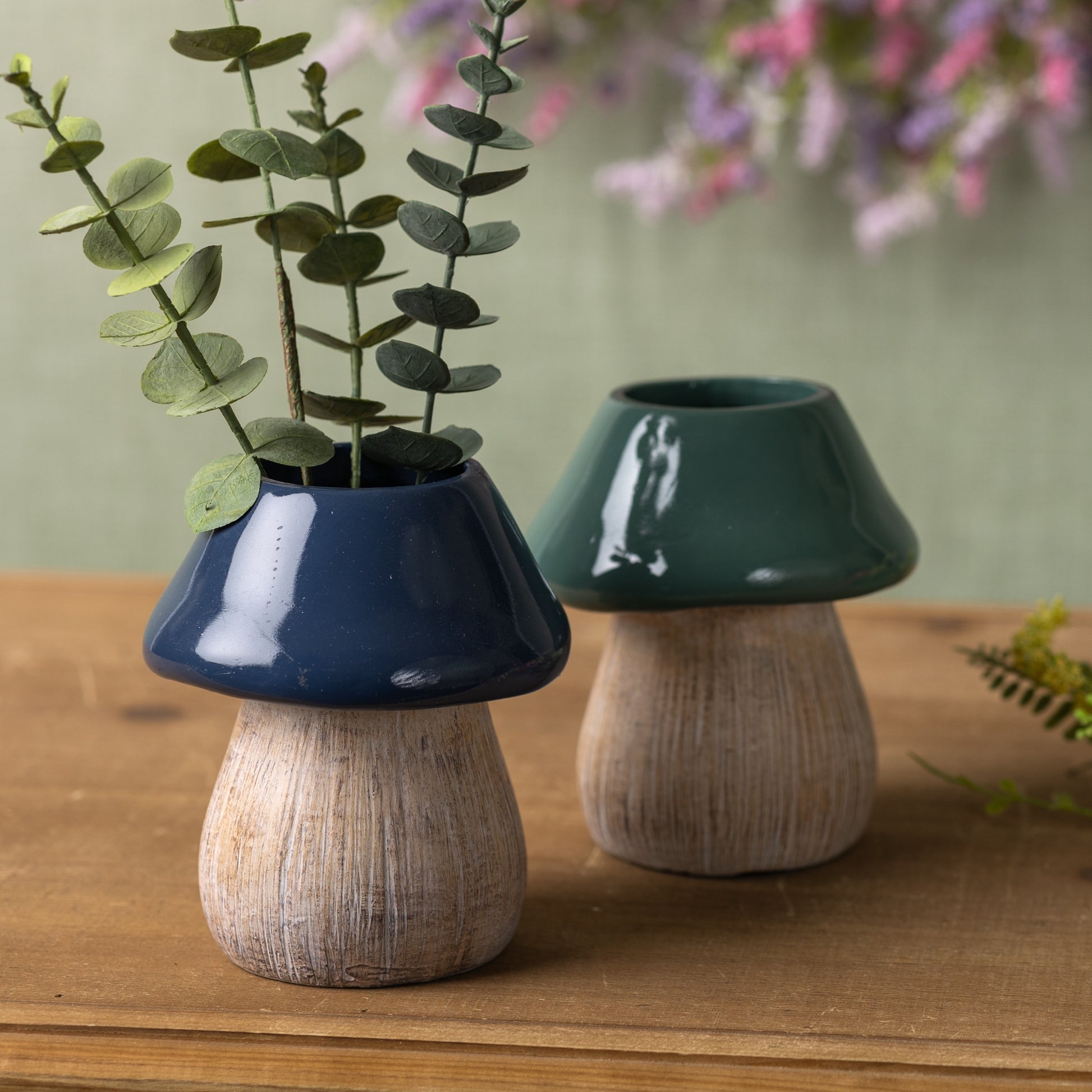 Green and blue mushroom planter set with etched wood-grain stems for succulents and cozy garden decor