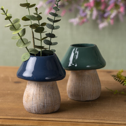 Green and blue mushroom planter set with etched wood-grain stems for succulents and cozy garden decor