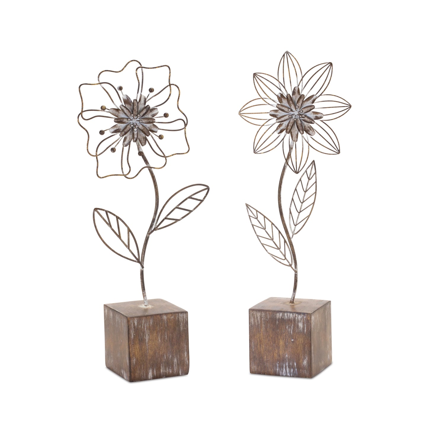 Metal floral decor with intricate flower design on a distressed white-washed base, featuring rustic brown and white tones.