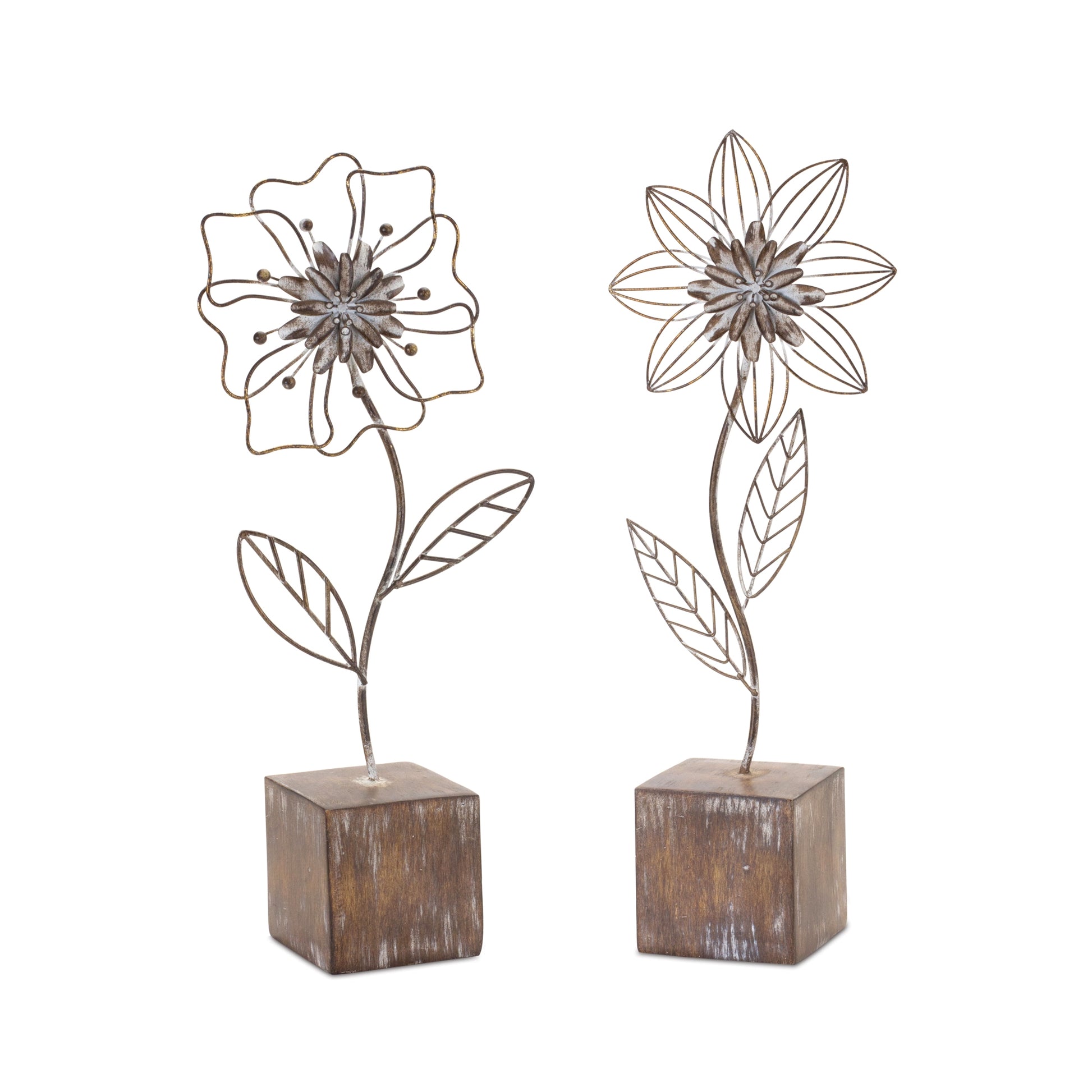Metal floral decor with intricate flower design on a distressed white-washed base, featuring rustic brown and white tones.