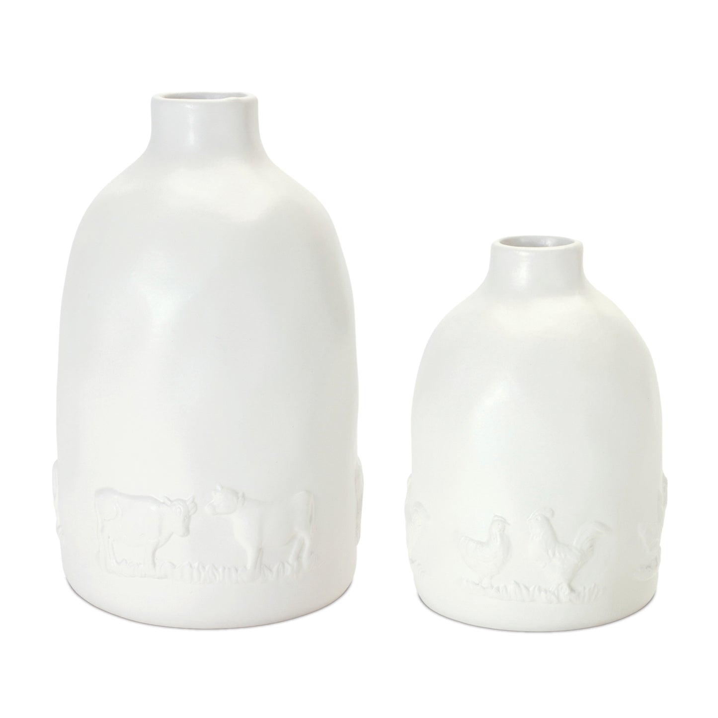 Set of white ceramic farmhouse vases with chicken and cow accents for rustic country decor