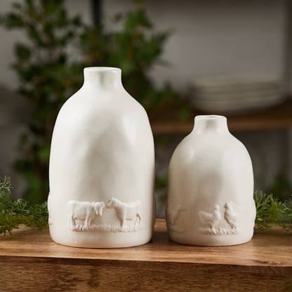Set of white ceramic farmhouse vases with chicken and cow accents for rustic country decor