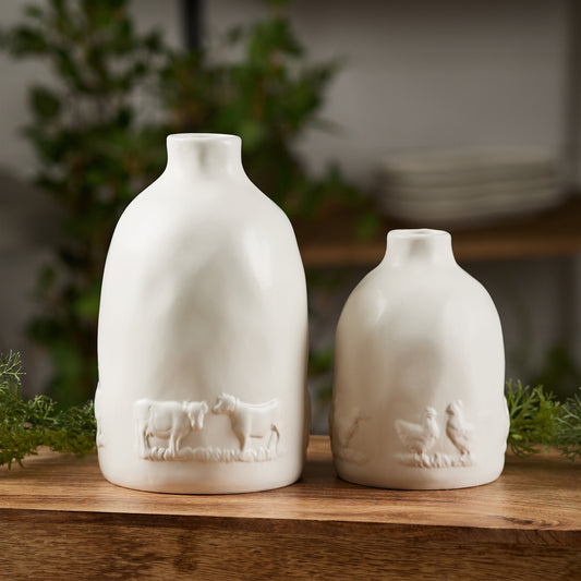 Set of white ceramic farmhouse vases with chicken and cow accents for rustic country decor