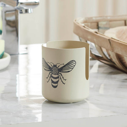 Antique white metal sponge holder with soft grey honey bee design, farmhouse sink caddy for kitchen or bathroom
