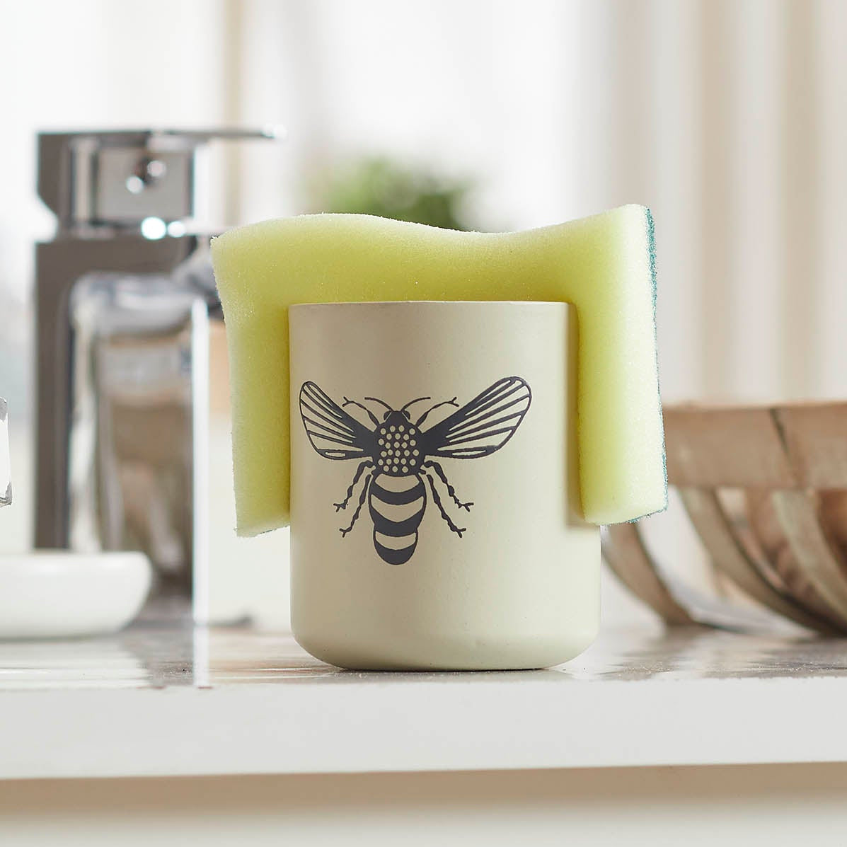 Antique white metal sponge holder with soft grey honey bee design, farmhouse sink caddy for kitchen or bathroom