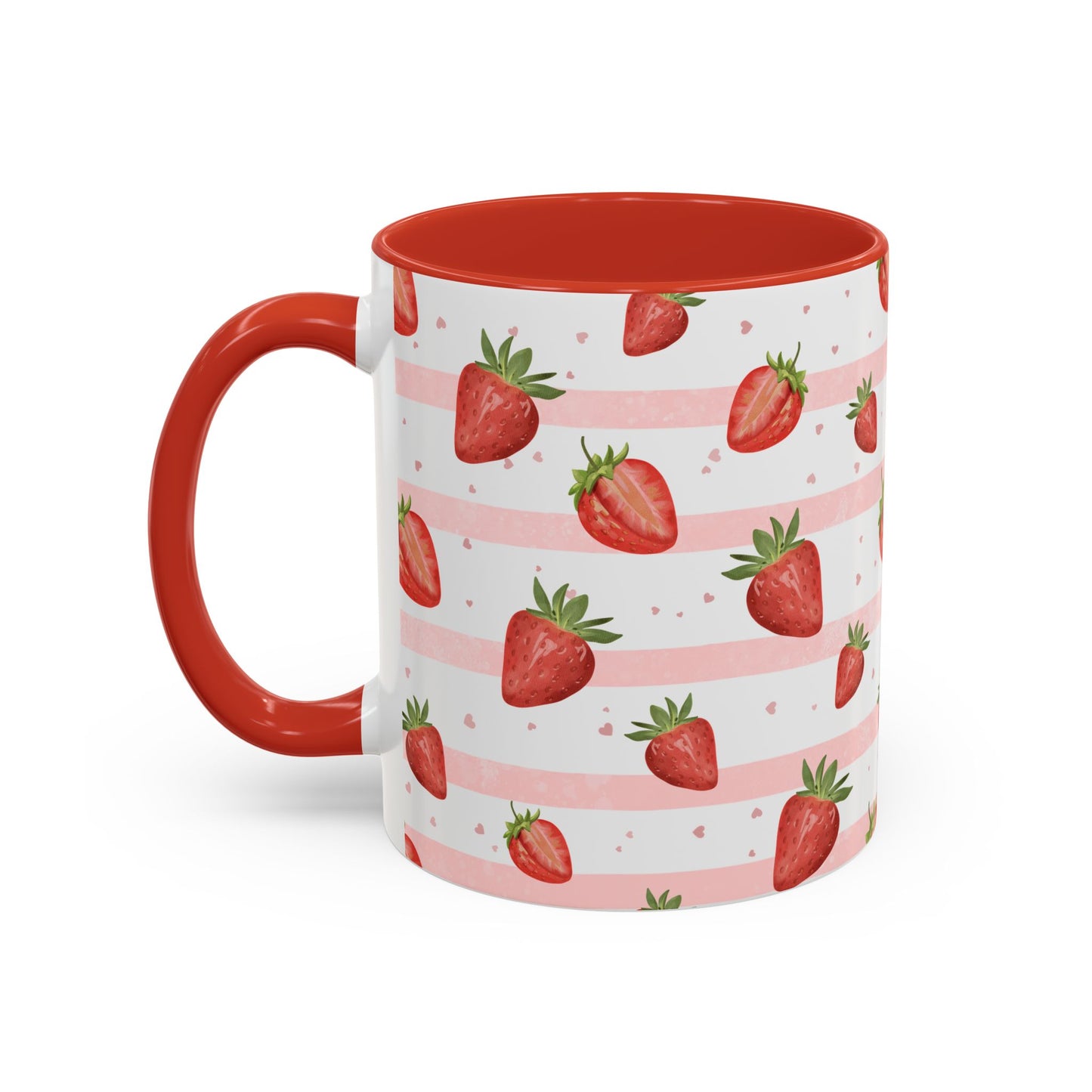 Sweet Strawberry Cottage Mug with strawberry pattern, soft pink stripes, tiny hearts, red handle, and matching interior.