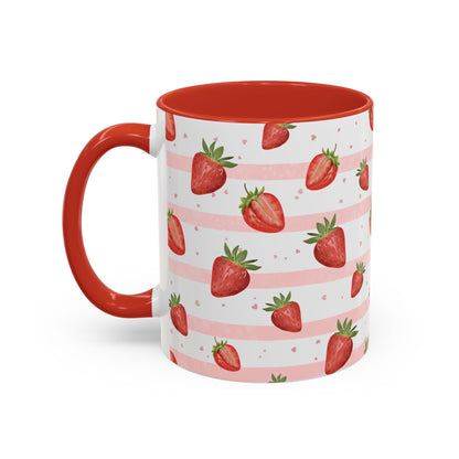 Sweet Strawberry Cottage Mug with strawberry pattern, soft pink stripes, tiny hearts, red handle, and matching interior.