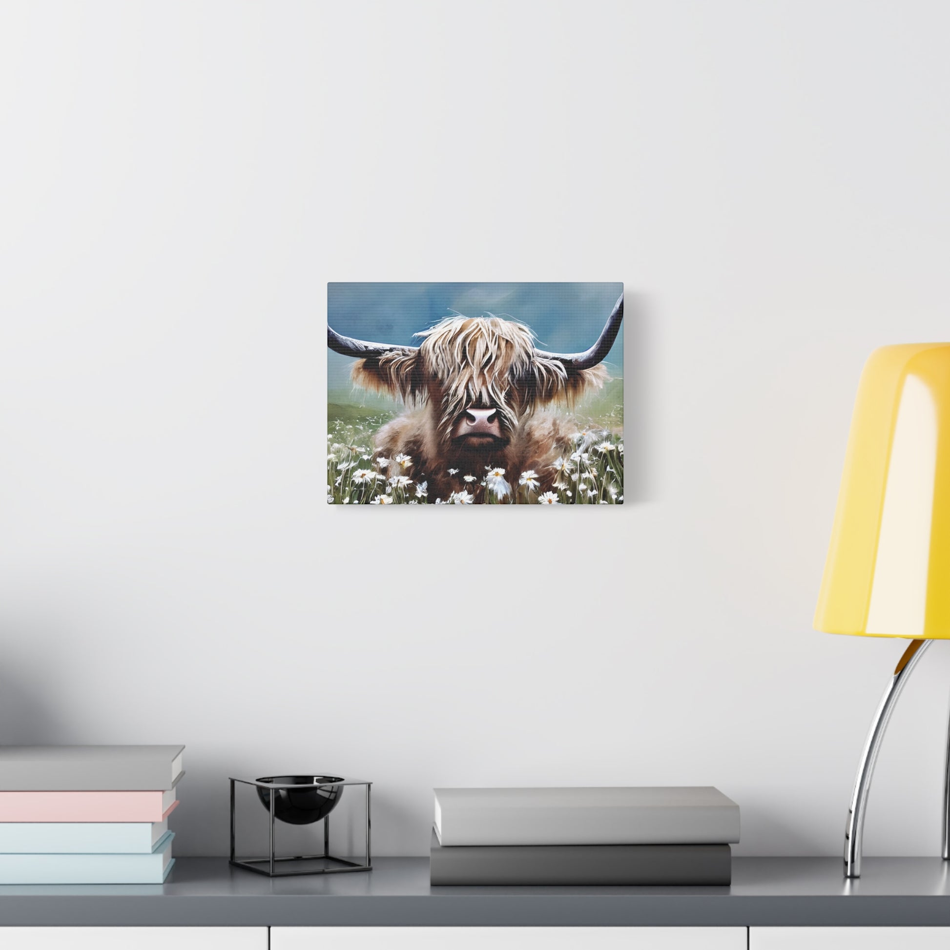 Highland Cow wall decor with watercolor style on artist-grade cotton canvas, showcasing rustic charm and vibrant colors.