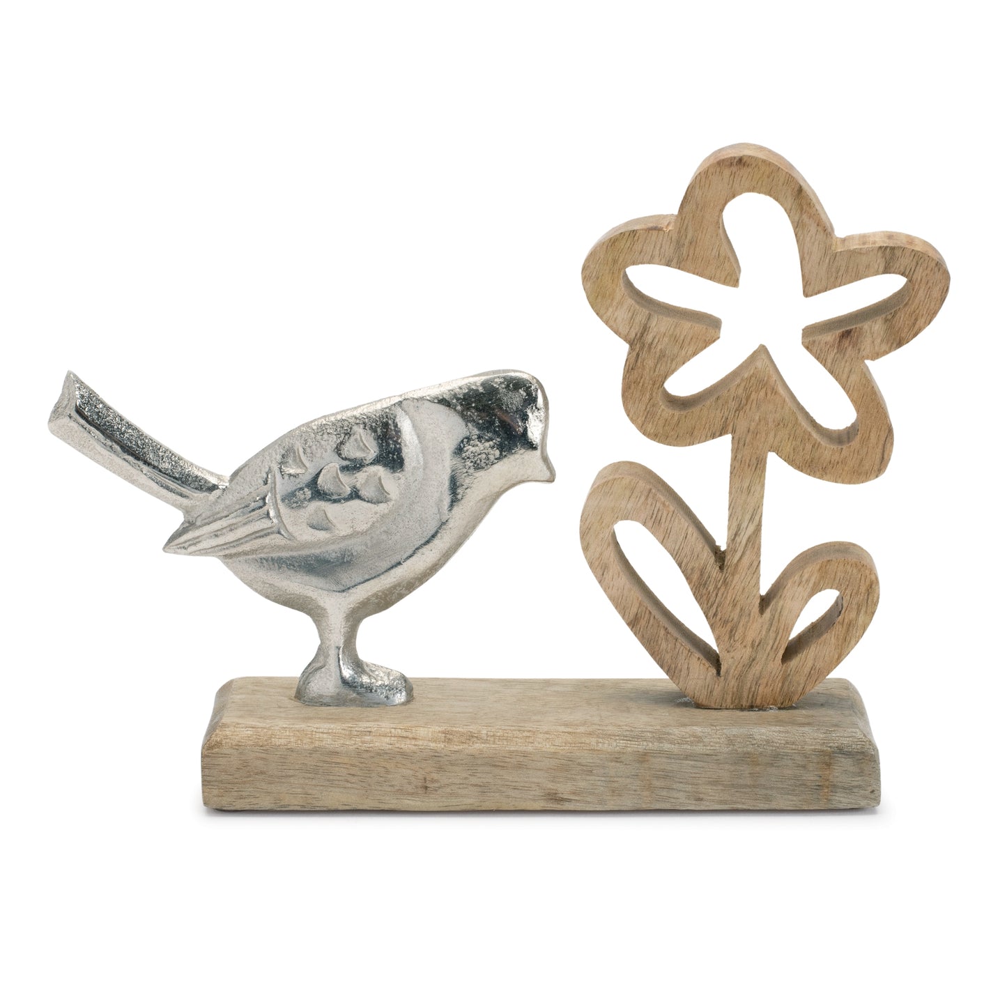 Silver-tone birds on wood bases with floral details, set of two, perfect for country cottage or boho-style decor.