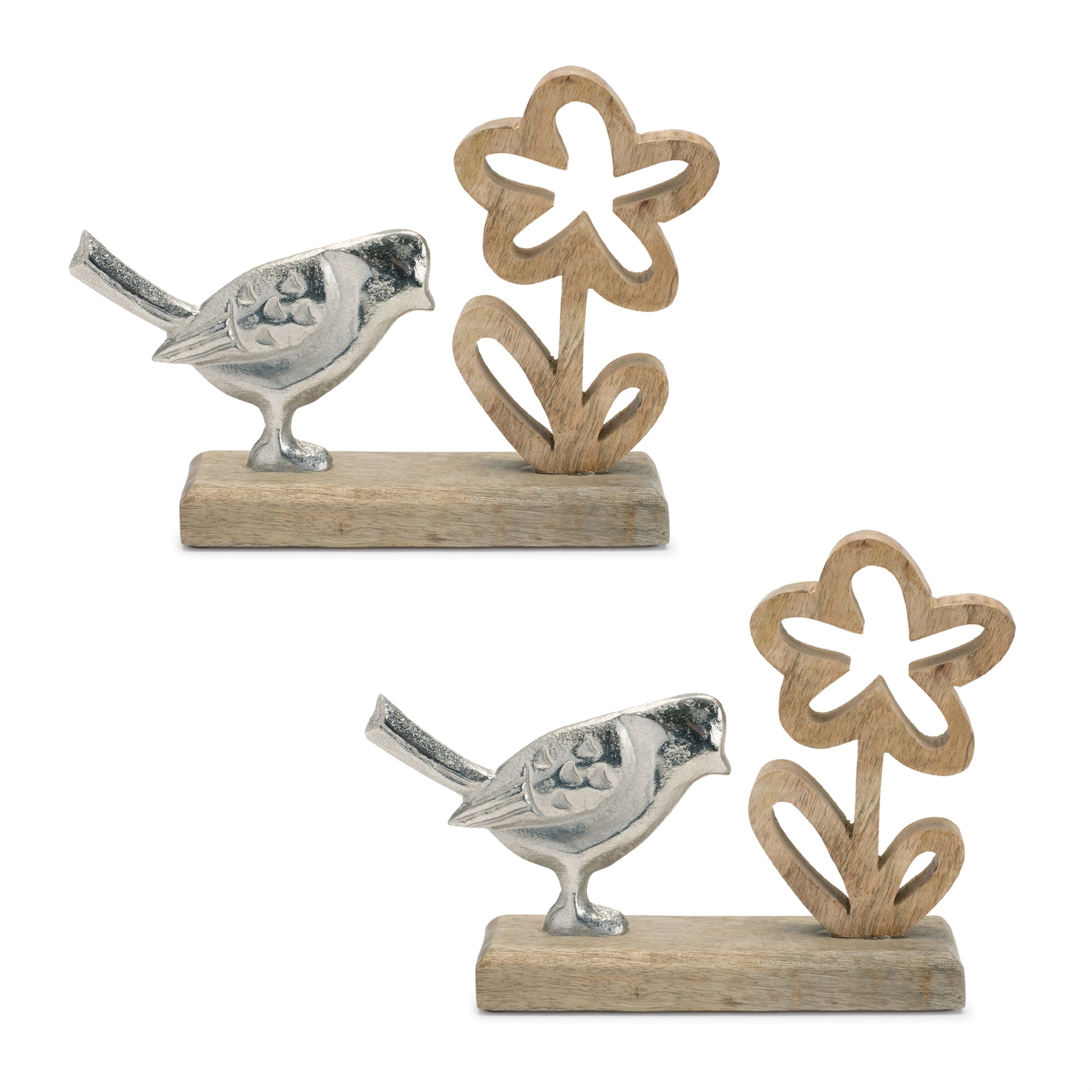 Silver-tone birds on wood bases with floral details, set of two, perfect for country cottage or boho-style decor.