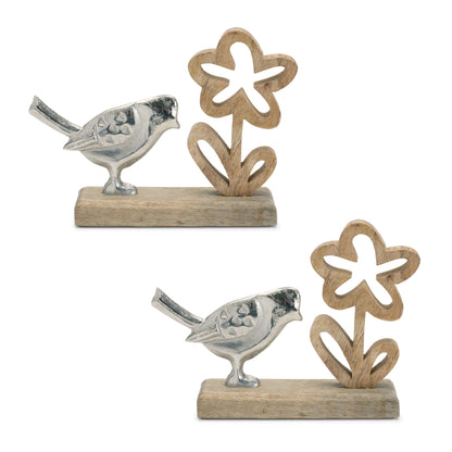 Silver-tone birds on wood bases with floral details, set of two, perfect for country cottage or boho-style decor.