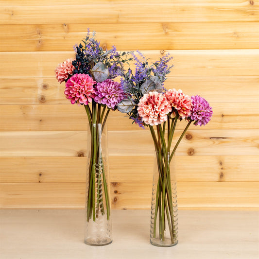 Mixed Zinnia Bouquets with vibrant pink, purple, and green hues in a vase, showcasing lifelike and durable faux floral stems.