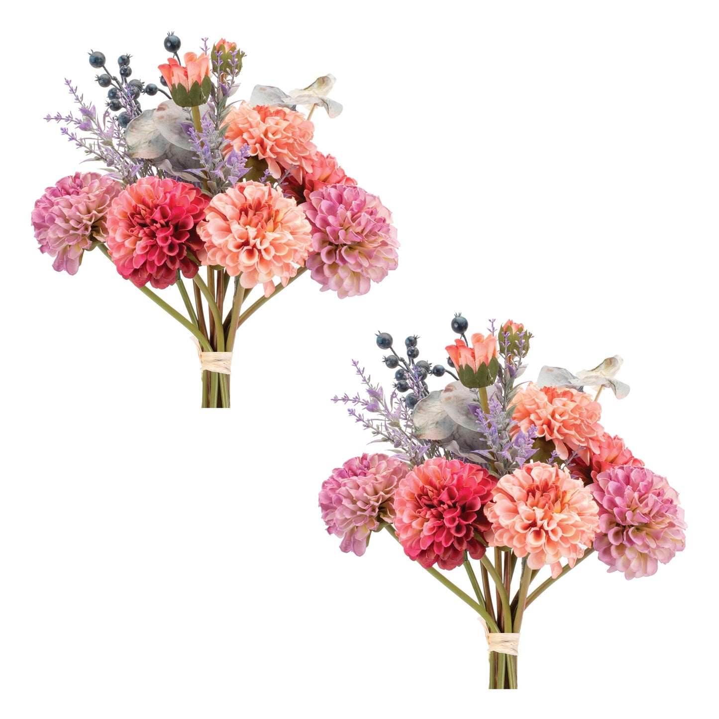 Mixed Zinnia Bouquets with vibrant pink, purple, and green hues in a vase, showcasing lifelike and durable faux floral stems.