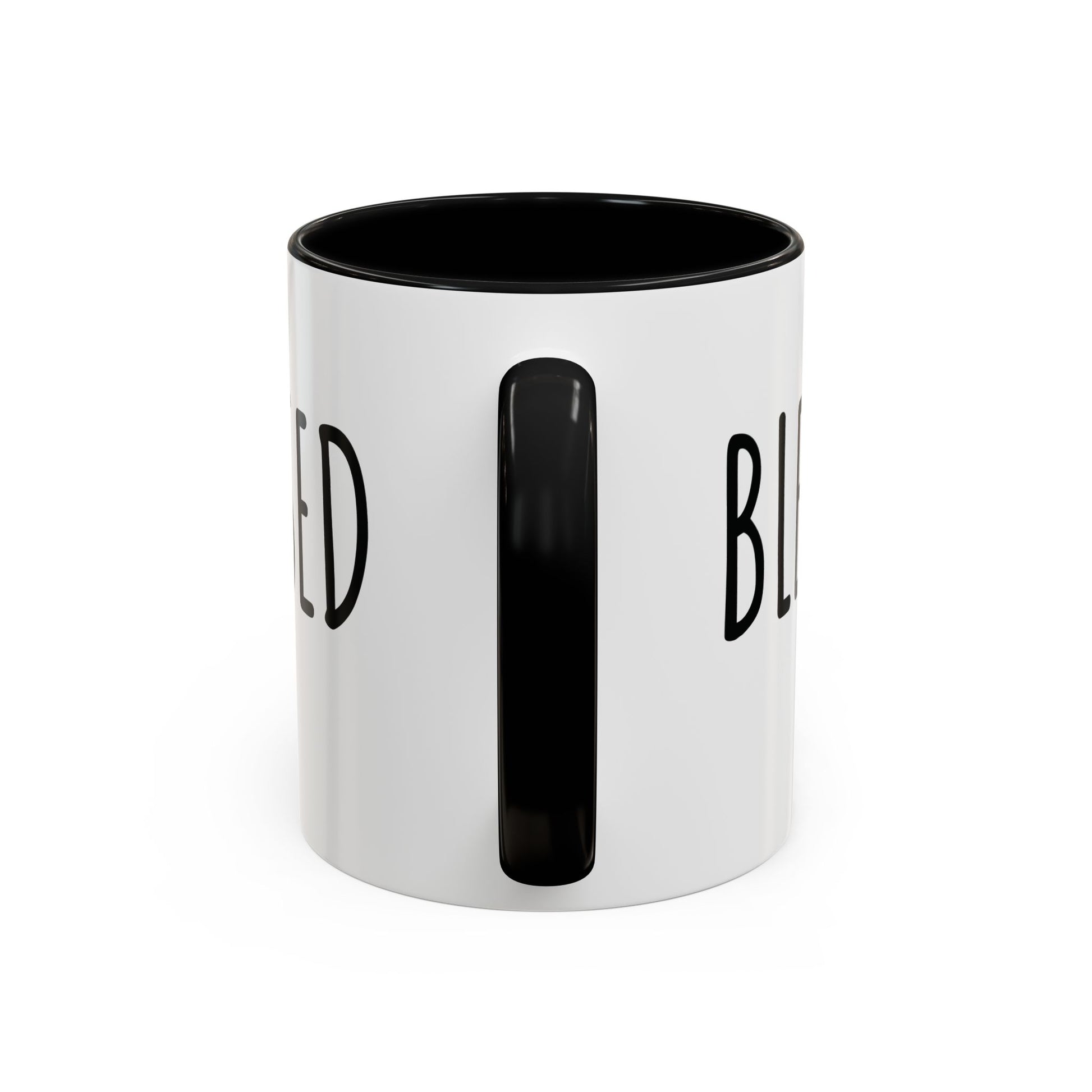 White ceramic Blessed farmhouse mug with black handle, black interior, and bold BLESSED lettering