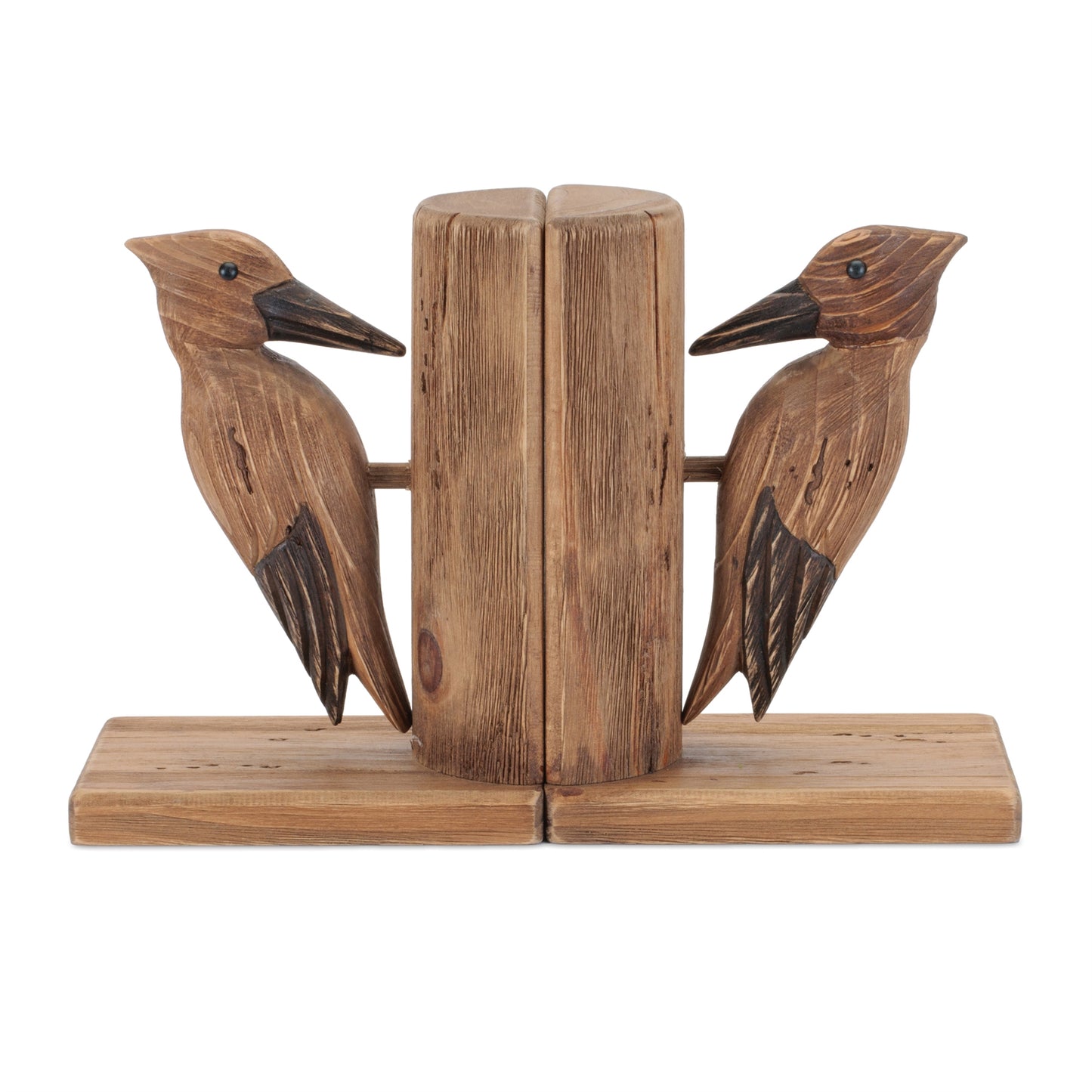 Rustic woodpecker bookends in warm brown wood grain, styled on sturdy bases for cozy farmhouse shelves.