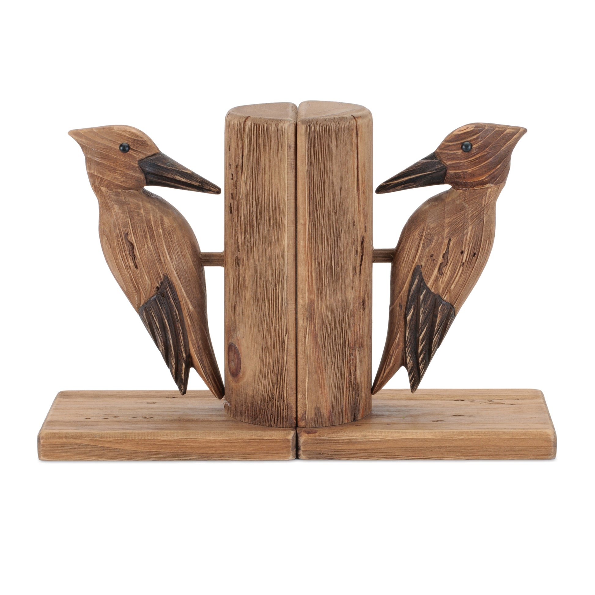 Rustic woodpecker bookends in warm brown wood grain, styled on sturdy bases for cozy farmhouse shelves.