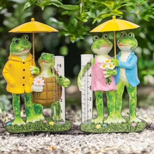 Cheerful resin frog couple rain gauge with colorful farmhouse style, featuring a frog under an umbrella and playful garden detail.