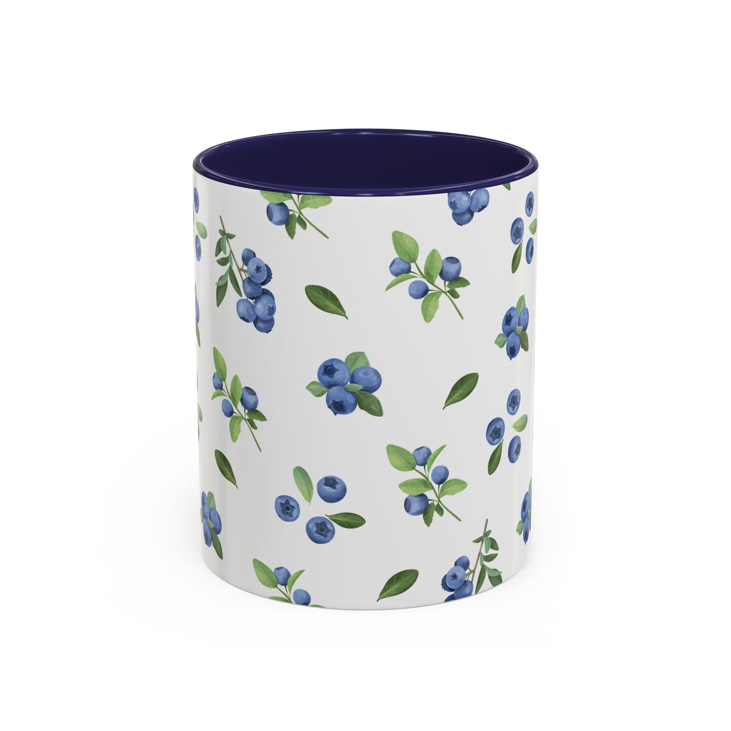 Ceramic mug with blueberry and vine pattern, white exterior, navy interior, and comfortable handle, perfect for farmhouse decor.