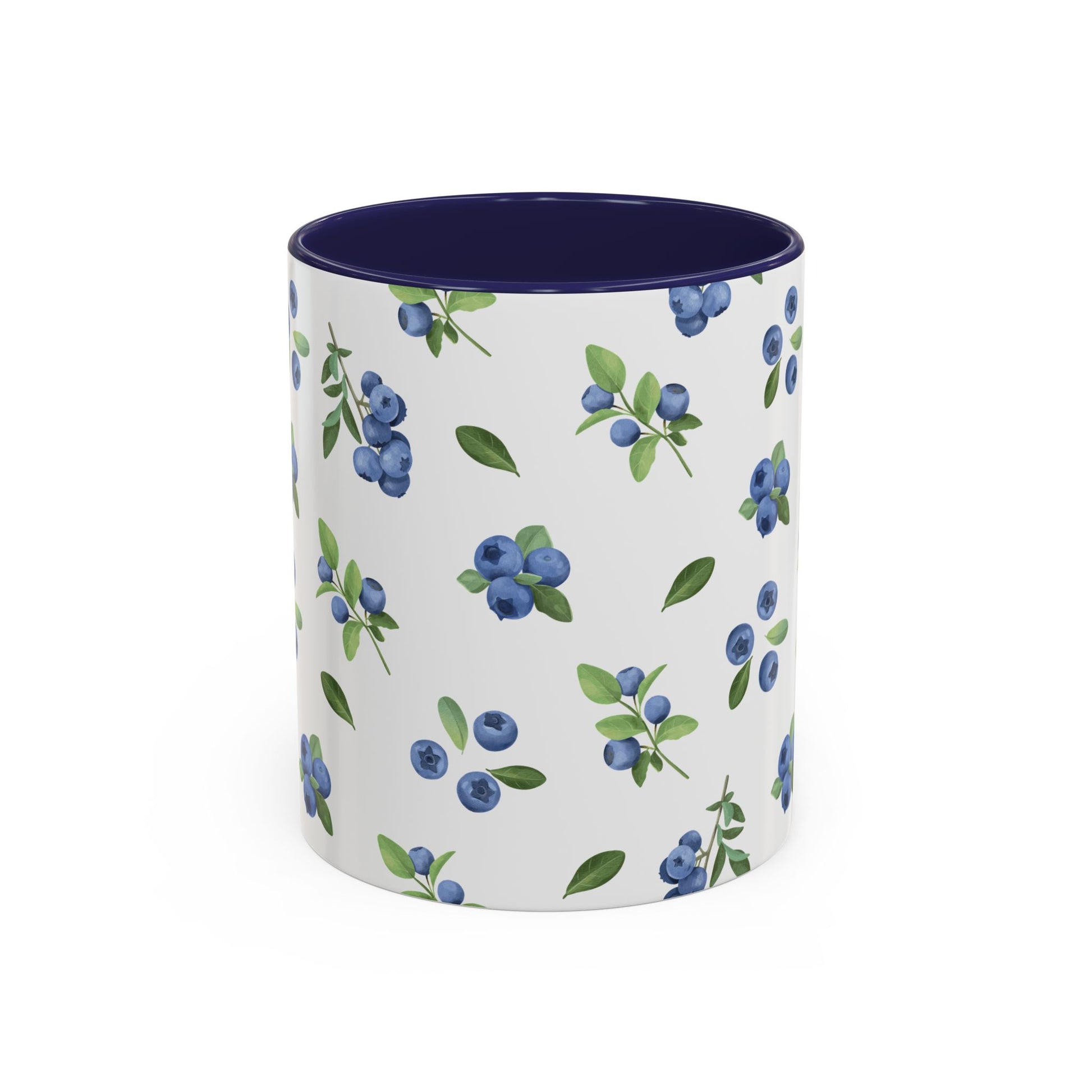 Ceramic mug with blueberry and vine pattern, white exterior, navy interior, and comfortable handle, perfect for farmhouse decor.