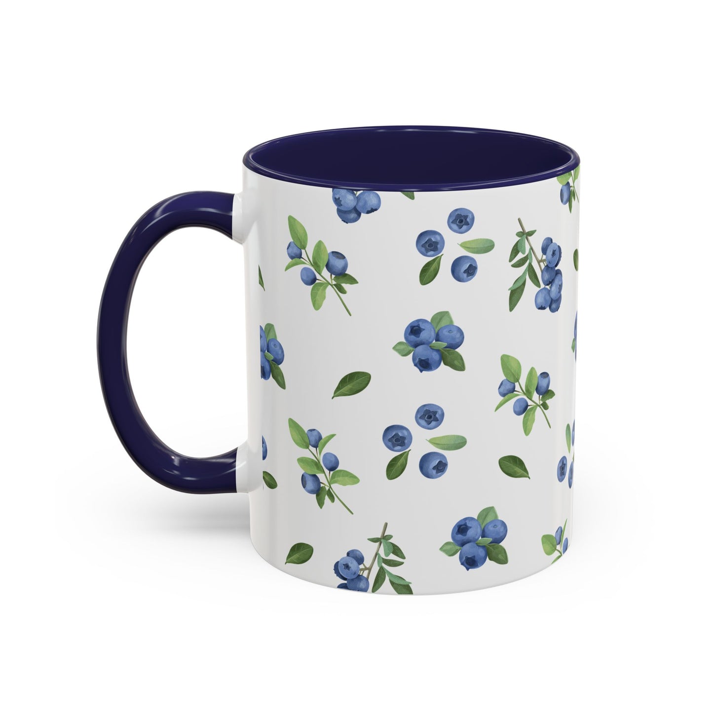 Ceramic mug with blueberry and vine pattern, white exterior, navy interior, and comfortable handle, perfect for farmhouse decor.