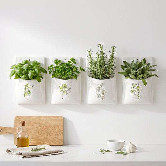 Four white ceramic wall-mounted herb planters with botanical illustrations, each holding a different green herb, displayed on a white wall above a kitchen counter with a wooden cutting board, oil bottle, bowl, and garlic.