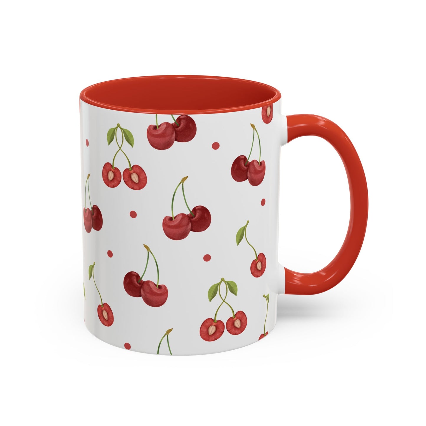 Ceramic mug with cherry motif, dotted accents, glossy finish, red handle and interior, perfect for farmhouse decor.