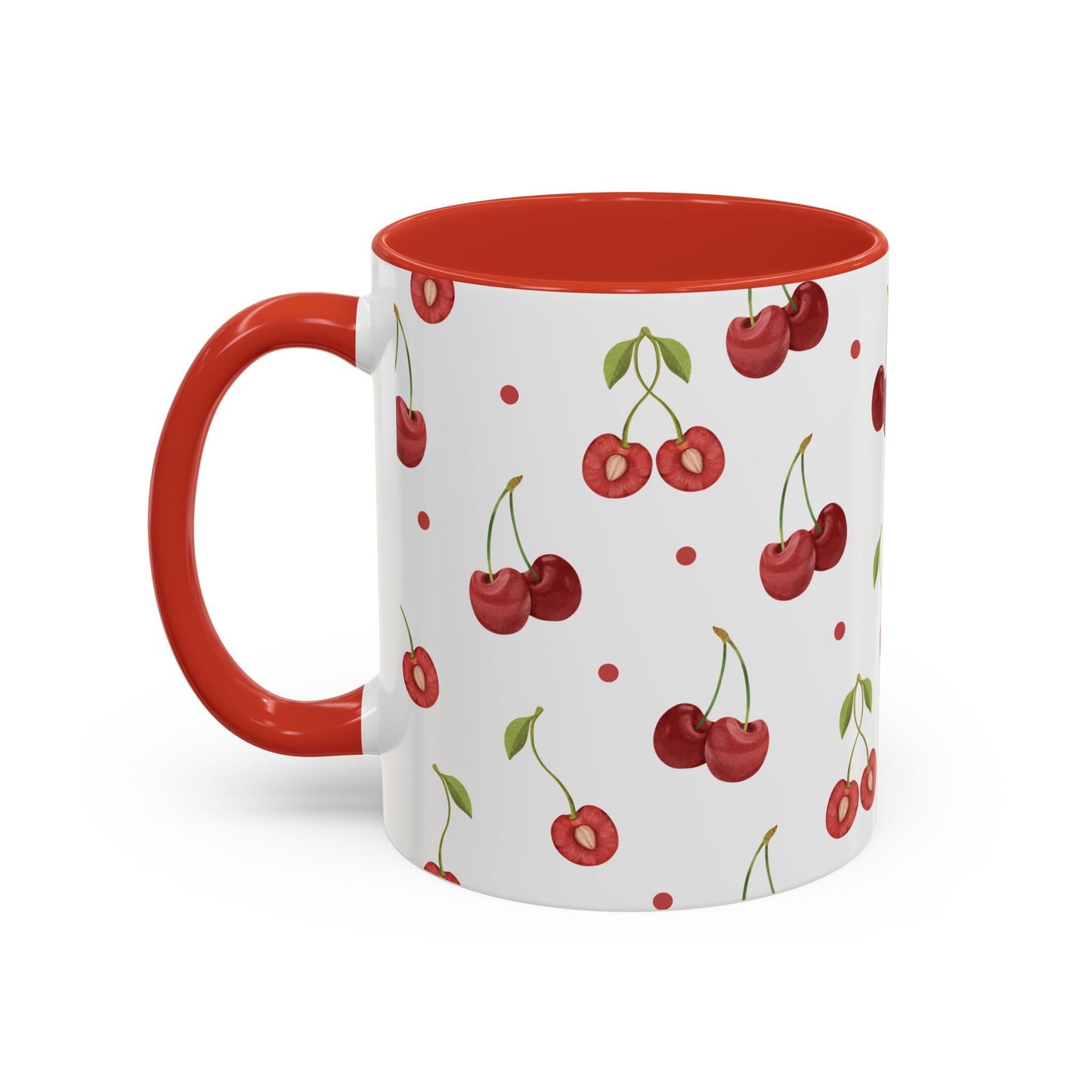 Ceramic mug with cherry motif, dotted accents, glossy finish, red handle and interior, perfect for farmhouse decor.