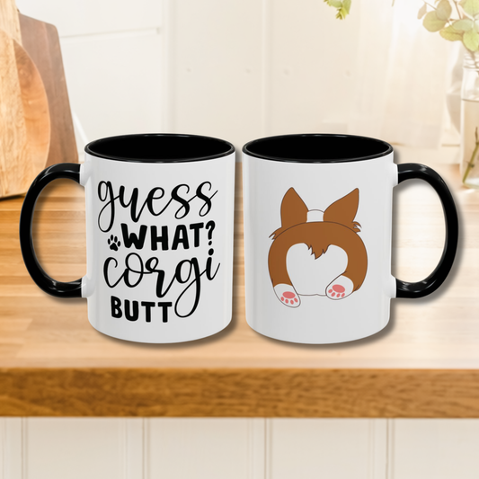 Corgi-themed mug with a cute corgi backside and paw details on one side, playful text on the other, black handle and interior.
