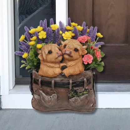 Cute Baby Highland Cow Duo in Overalls Planter