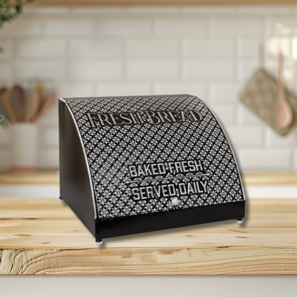 Black farmhouse bread box with embossed white lid, “Fresh Bread” lettering, and classic rustic kitchen charm