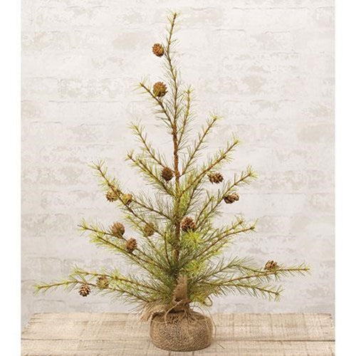 Cypress Pine Tree with wired branches, stiff green needles, natural pinecones, and a rustic burlap base.