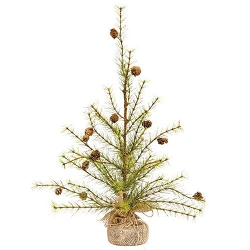 Cypress Pine Tree with wired branches, stiff green needles, natural pinecones, and a rustic burlap base.